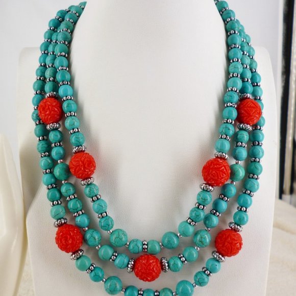 Faux Turquoise Set Necklace, Bracelet, Earrings w/ Carved Red Beads + Gift Box - Picture 2 of 7